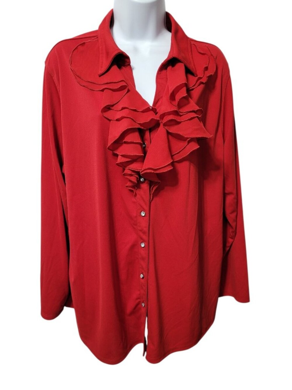 Avenue Vintage Blouse‎ Womens 22/24 Ruffle Red Rhinestone Buttons Long Sleeve